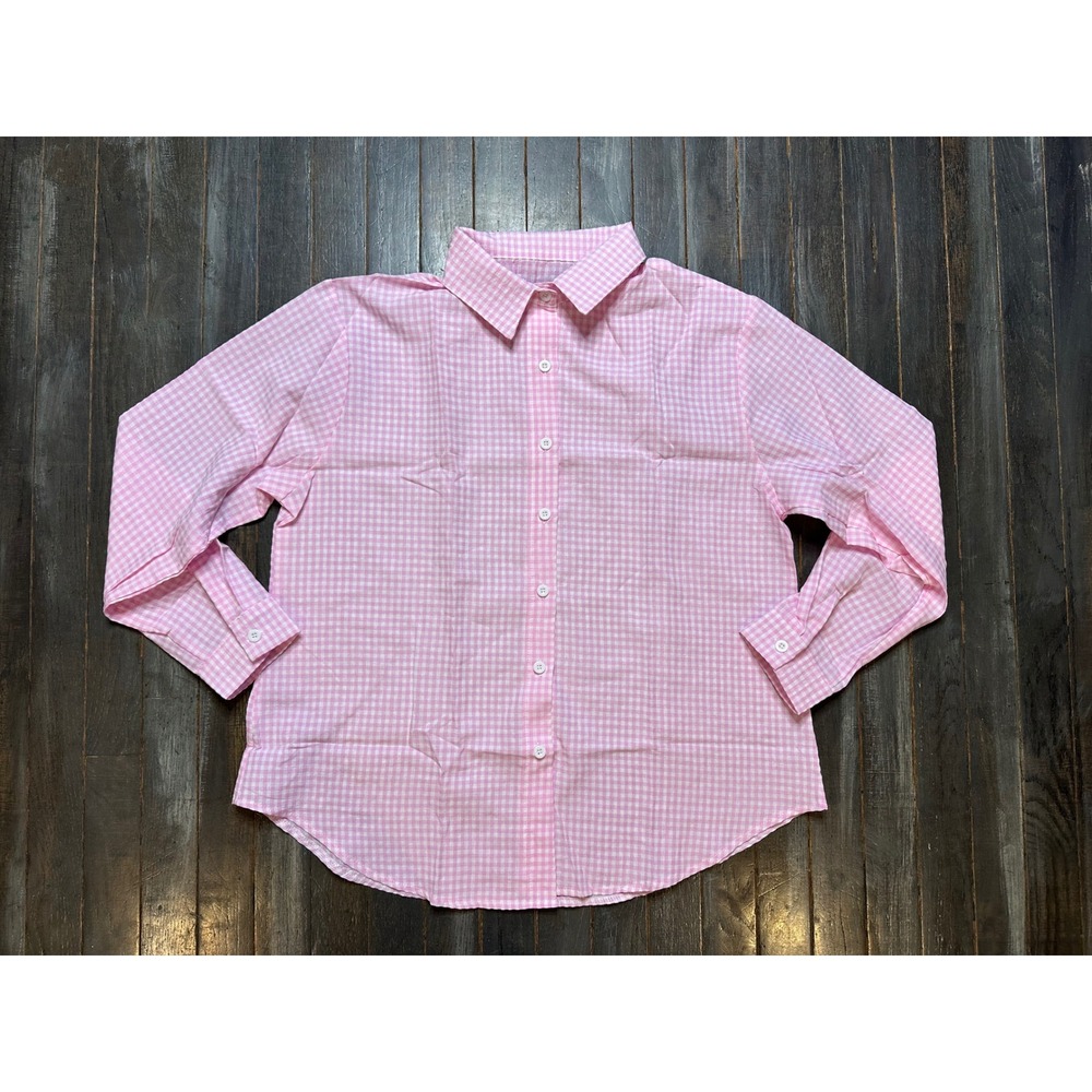 Pink Gingham 100% Linen Button Down Shirt Long Sleeve Women Top